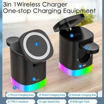 3 In 1 Magnetic Wireless Fast Charger For Smart Phone RGB Ambient Light Charging Station For Airpods IWatch - Jaazi Intl