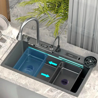 304 Stainless Steel Kitchen Waterfall Sink Digital Display Large Single Dish Basin with Multifunction Touch - Jaazi Intl