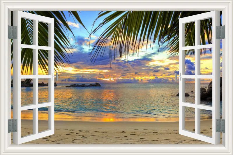 3D Window View Wall Sticker Beach Summer Beach Coconut Tree Wall Murals Removable Poster For Living Room Kitchen Sticker - Jaazi Intl