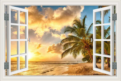 3D Window View Wall Sticker Beach Summer Beach Coconut Tree Wall Murals Removable Poster For Living Room Kitchen Sticker - Jaazi Intl