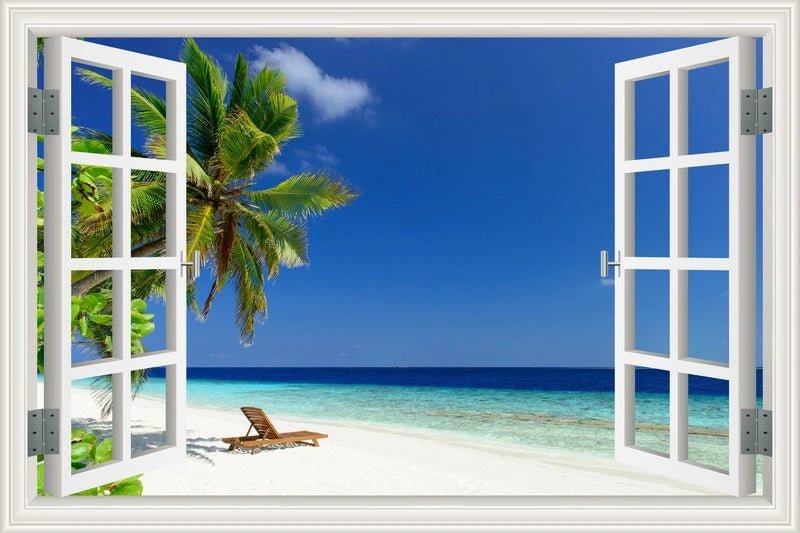 3D Window View Wall Sticker Beach Summer Beach Coconut Tree Wall Murals Removable Poster For Living Room Kitchen Sticker - Jaazi Intl