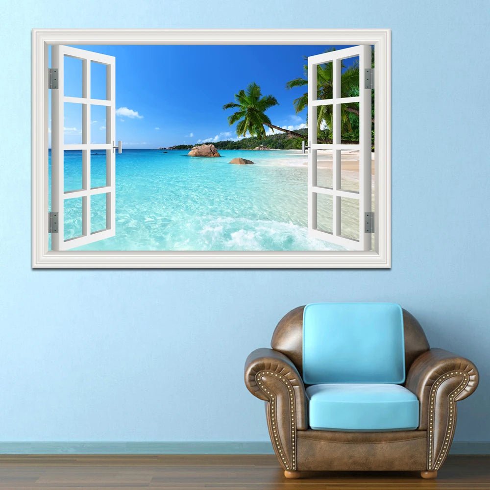 3D Window View Wall Sticker Beach Summer Beach Coconut Tree Wall Murals Removable Poster For Living Room Kitchen Sticker - Jaazi Intl