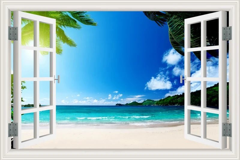 3D Window View Wall Sticker Beach Summer Beach Coconut Tree Wall Murals Removable Poster For Living Room Kitchen Sticker - Jaazi Intl