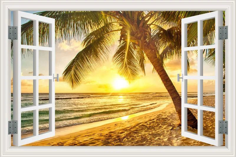 3D Window View Wall Sticker Beach Summer Beach Coconut Tree Wall Murals Removable Poster For Living Room Kitchen Sticker - Jaazi Intl