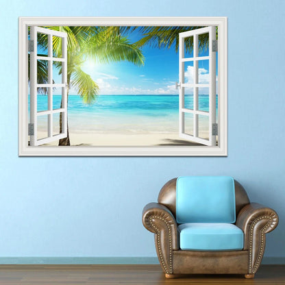 3D Window View Wall Sticker Beach Summer Beach Coconut Tree Wall Murals Removable Poster For Living Room Kitchen Sticker - Jaazi Intl