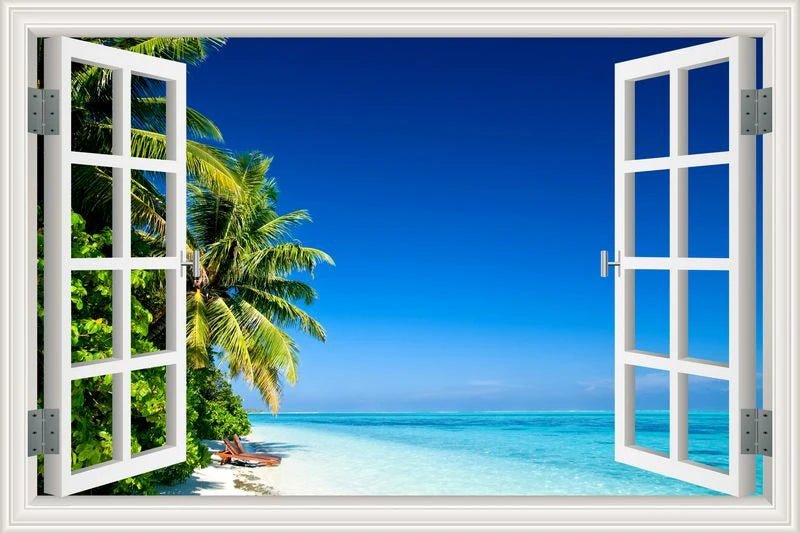 3D Window View Wall Sticker Beach Summer Beach Coconut Tree Wall Murals Removable Poster For Living Room Kitchen Sticker - Jaazi Intl