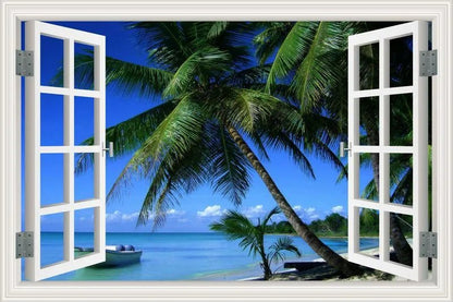 3D Window View Wall Sticker Beach Summer Beach Coconut Tree Wall Murals Removable Poster For Living Room Kitchen Sticker - Jaazi Intl