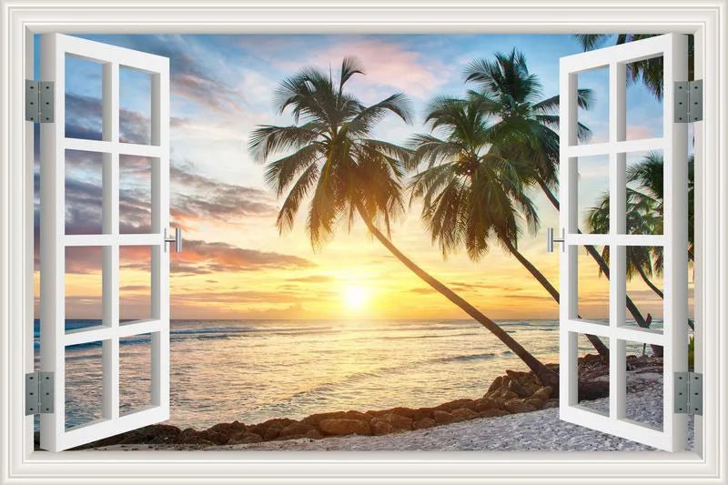 3D Window View Wall Sticker Beach Summer Beach Coconut Tree Wall Murals Removable Poster For Living Room Kitchen Sticker - Jaazi Intl