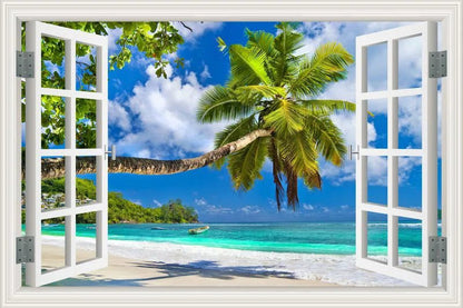 3D Window View Wall Sticker Beach Summer Beach Coconut Tree Wall Murals Removable Poster For Living Room Kitchen Sticker - Jaazi Intl