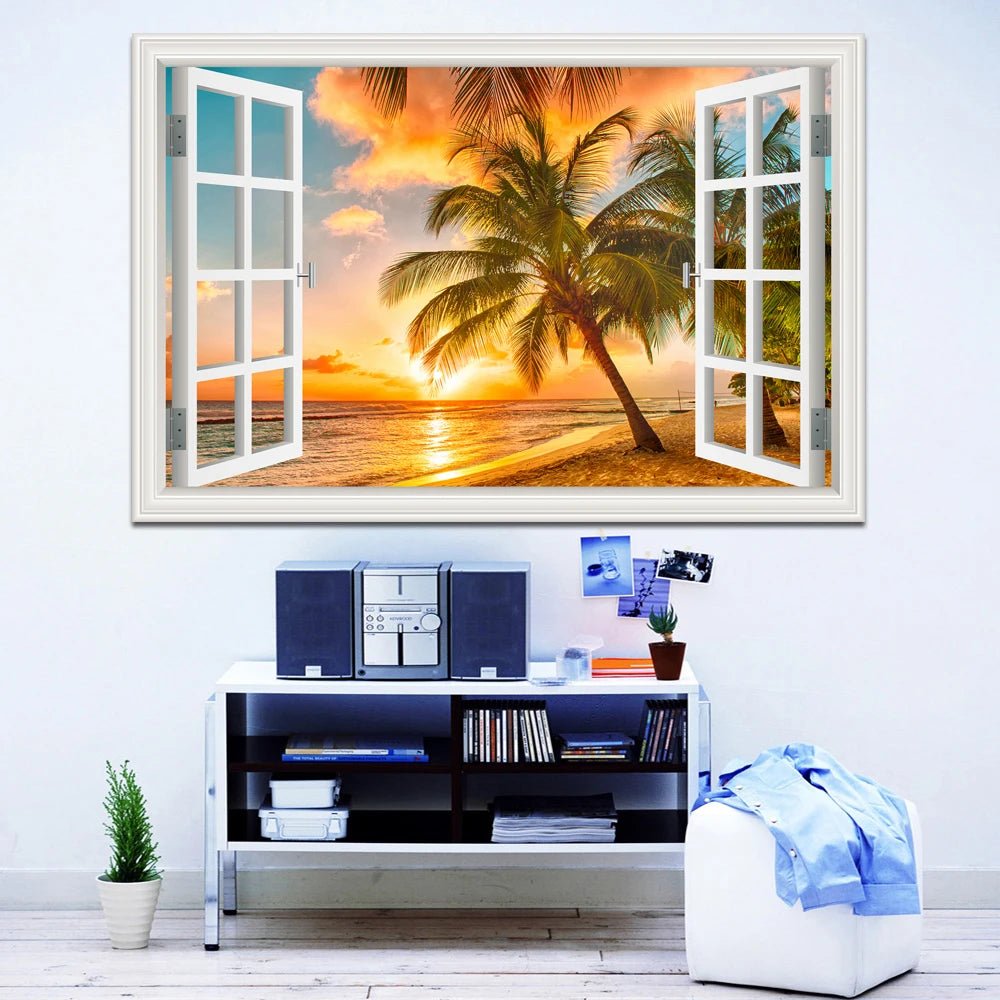 3D Window View Wall Sticker Beach Summer Beach Coconut Tree Wall Murals Removable Poster For Living Room Kitchen Sticker - Jaazi Intl