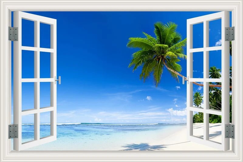 3D Window View Wall Sticker Beach Summer Beach Coconut Tree Wall Murals Removable Poster For Living Room Kitchen Sticker - Jaazi Intl