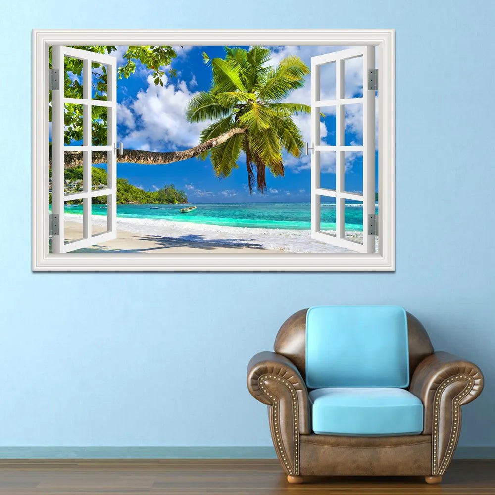 3D Window View Wall Sticker Beach Summer Beach Coconut Tree Wall Murals Removable Poster For Living Room Kitchen Sticker - Jaazi Intl