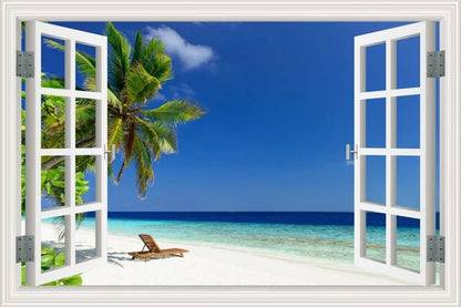 3D Window View Wall Sticker Beach Summer Beach Coconut Tree Wall Murals Removable Poster For Living Room Kitchen Sticker - Jaazi Intl