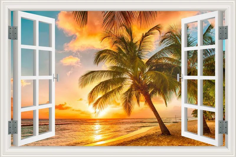 3D Window View Wall Sticker Beach Summer Beach Coconut Tree Wall Murals Removable Poster For Living Room Kitchen Sticker - Jaazi Intl