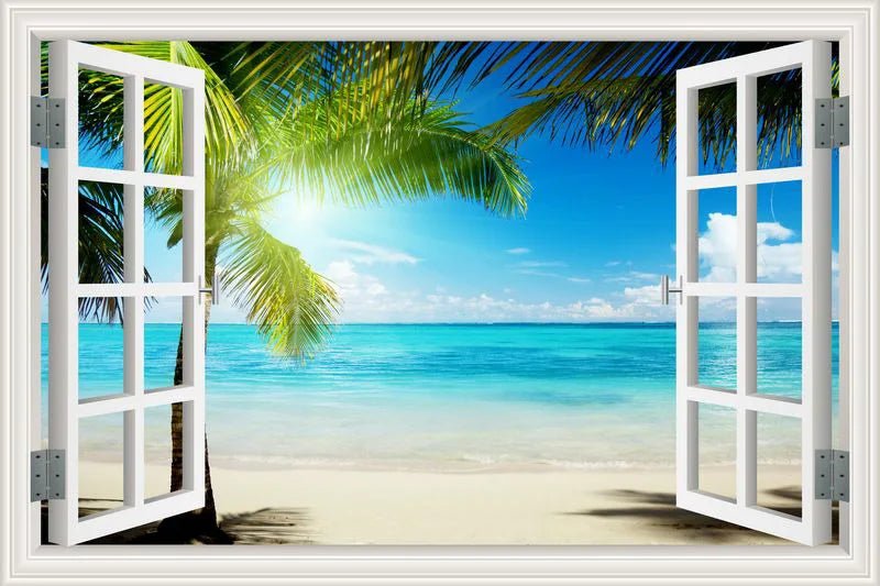 3D Window View Wall Sticker Beach Summer Beach Coconut Tree Wall Murals Removable Poster For Living Room Kitchen Sticker - Jaazi Intl