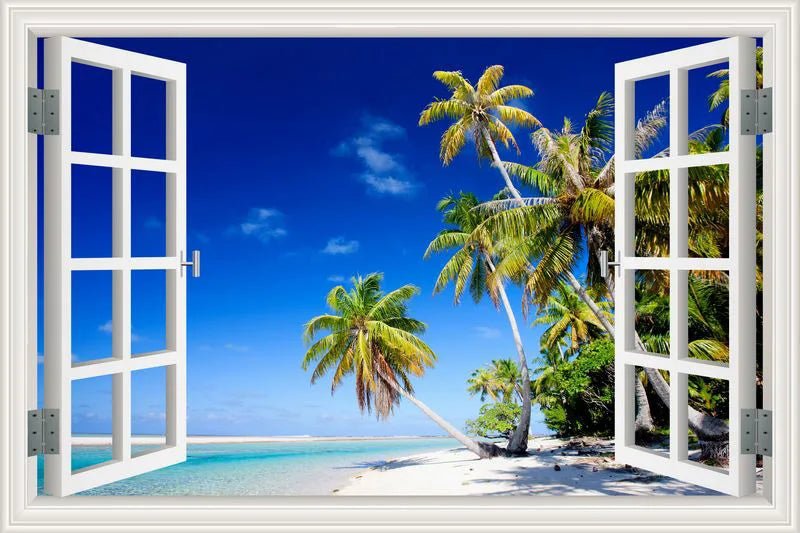 3D Window View Wall Sticker Beach Summer Beach Coconut Tree Wall Murals Removable Poster For Living Room Kitchen Sticker - Jaazi Intl