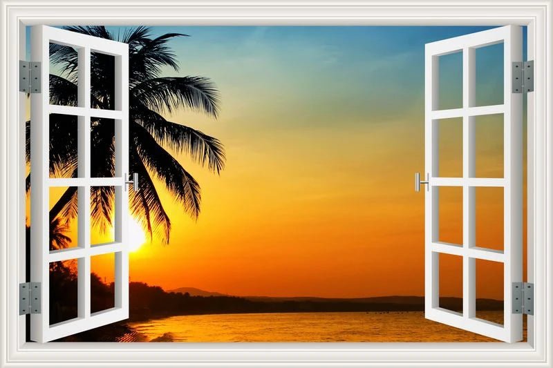 3D Window View Wall Sticker Beach Summer Beach Coconut Tree Wall Murals Removable Poster For Living Room Kitchen Sticker - Jaazi Intl