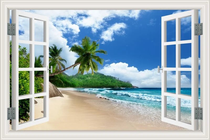 3D Window View Wall Sticker Beach Summer Beach Coconut Tree Wall Murals Removable Poster For Living Room Kitchen Sticker - Jaazi Intl