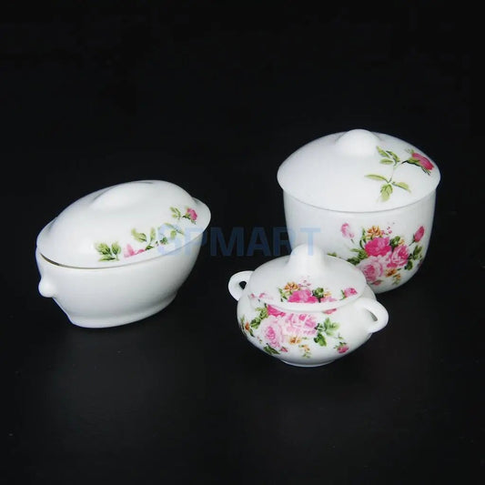 3pcs Doll House Kitchen Miniature Casserole Pot Bowl Lid with Floral Pattern - Jaazi Intl