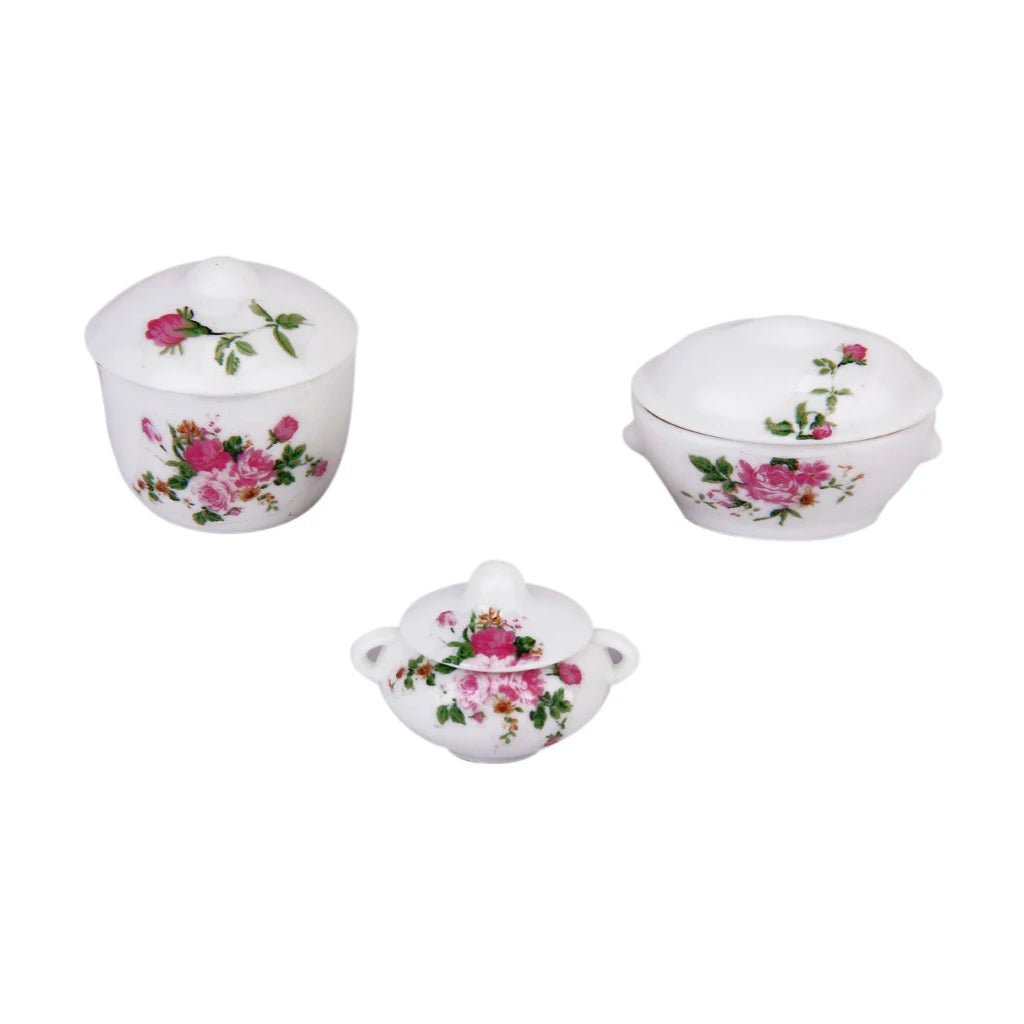 3pcs Doll House Kitchen Miniature Casserole Pot Bowl Lid with Floral Pattern - Jaazi Intl