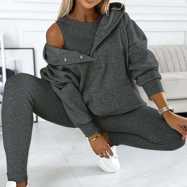 3pcs Women's Sports Suit Loose Hooded Pockets Sweatshirt And Vest And Slim Trousers - Jaazi Intl