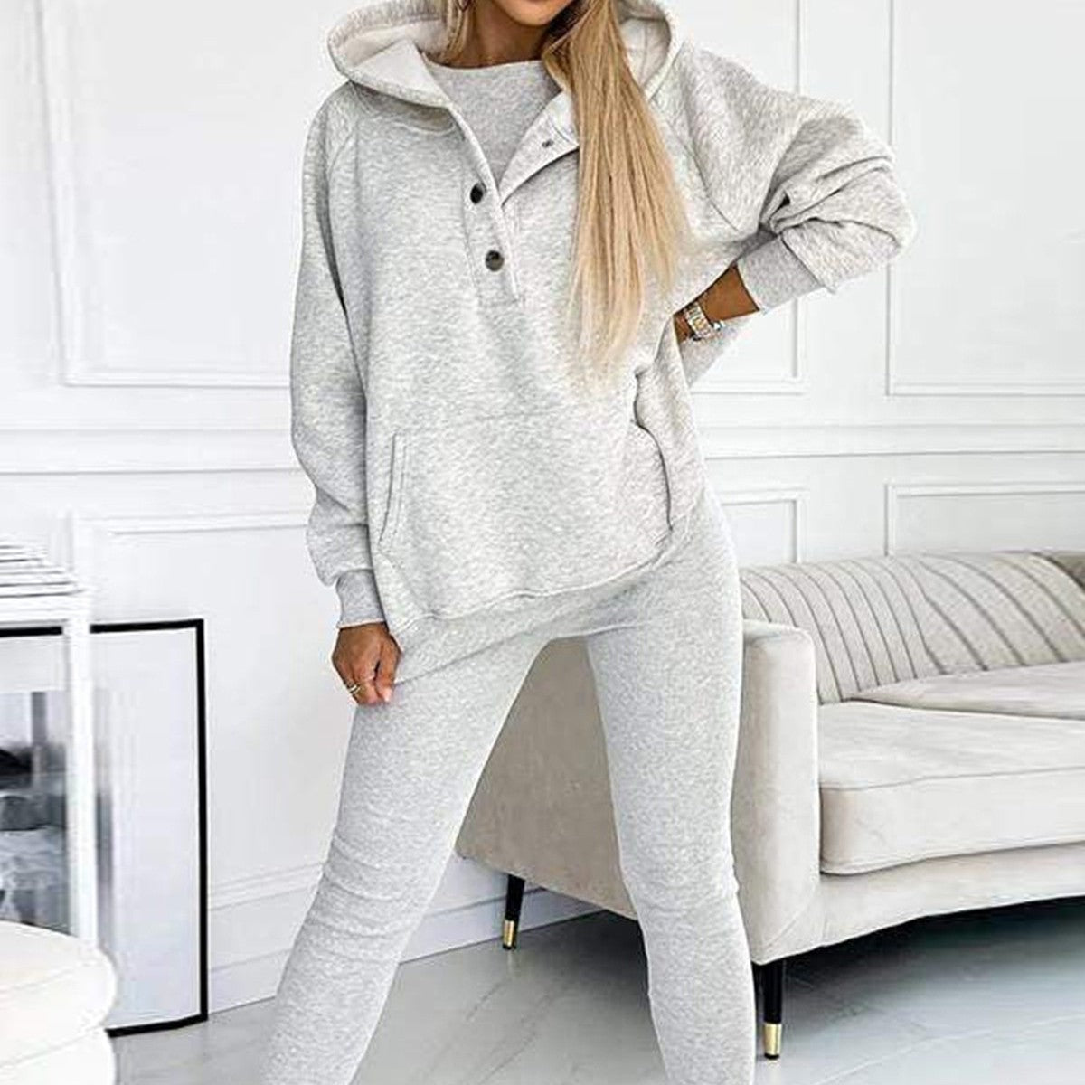 3pcs Women's Sports Suit Loose Hooded Pockets Sweatshirt And Vest And Slim Trousers - Jaazi Intl