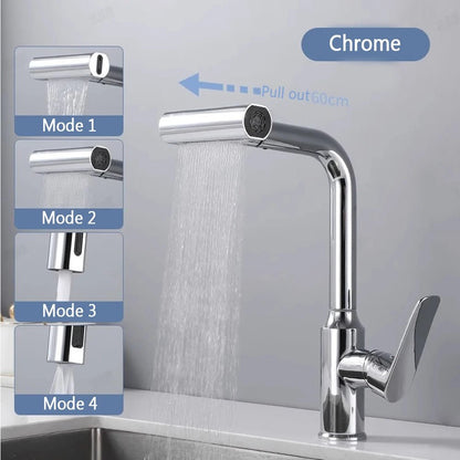 4 Modes Waterfall Kitchen Faucet Pull out Stream Sprayer Stainless Steel Hot Cold Single Hole 360 ° Rotation - Jaazi Intl