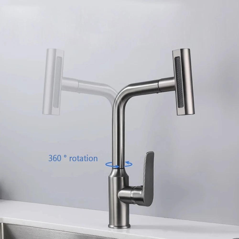 4 Modes Waterfall Kitchen Faucet Pull out Stream Sprayer Stainless Steel Hot Cold Single Hole 360 ° Rotation - Jaazi Intl