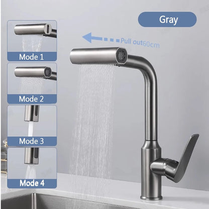 4 Modes Waterfall Kitchen Faucet Pull out Stream Sprayer Stainless Steel Hot Cold Single Hole 360 ° Rotation - Jaazi Intl