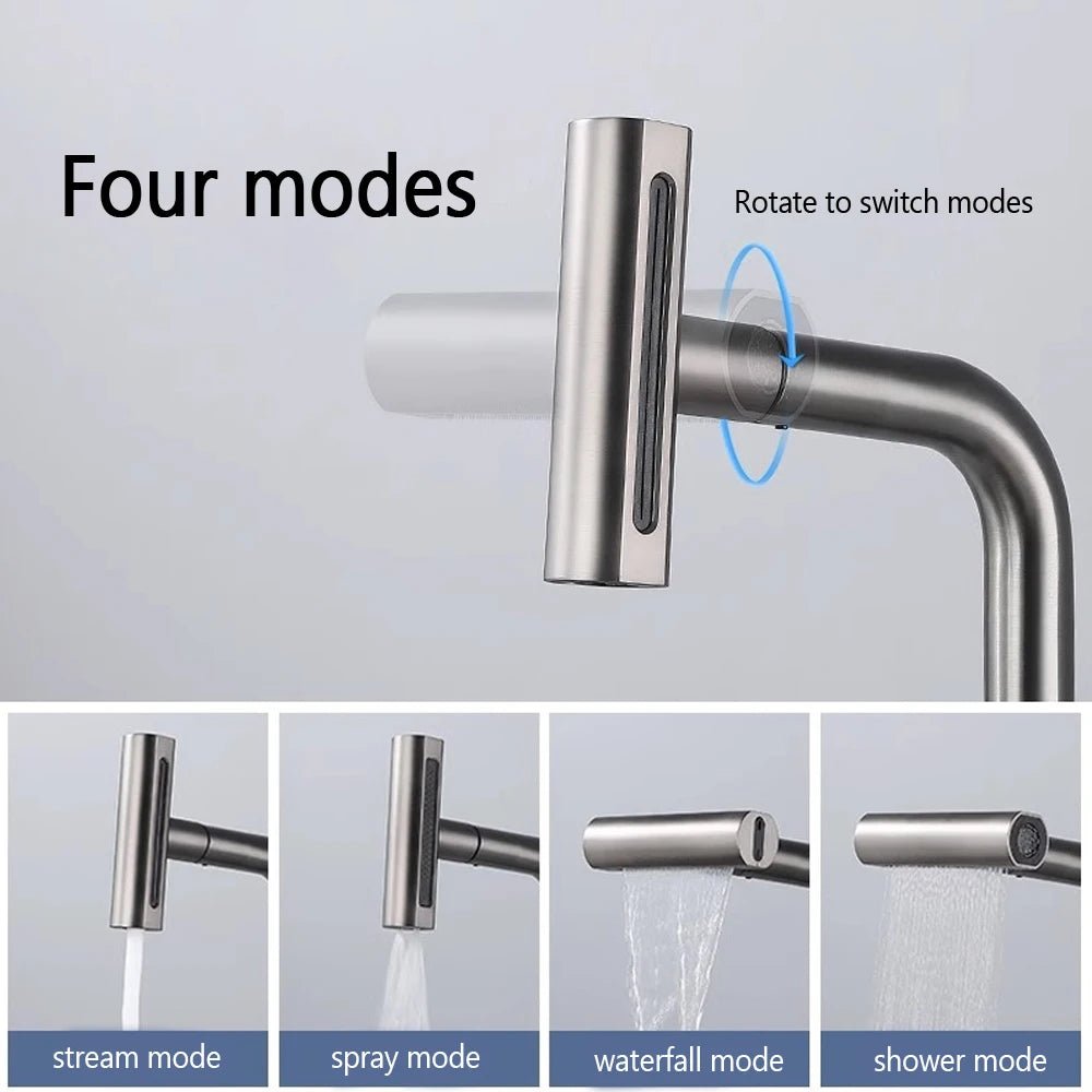 4 Modes Waterfall Kitchen Faucet Pull out Stream Sprayer Stainless Steel Hot Cold Single Hole 360 ° Rotation - Jaazi Intl