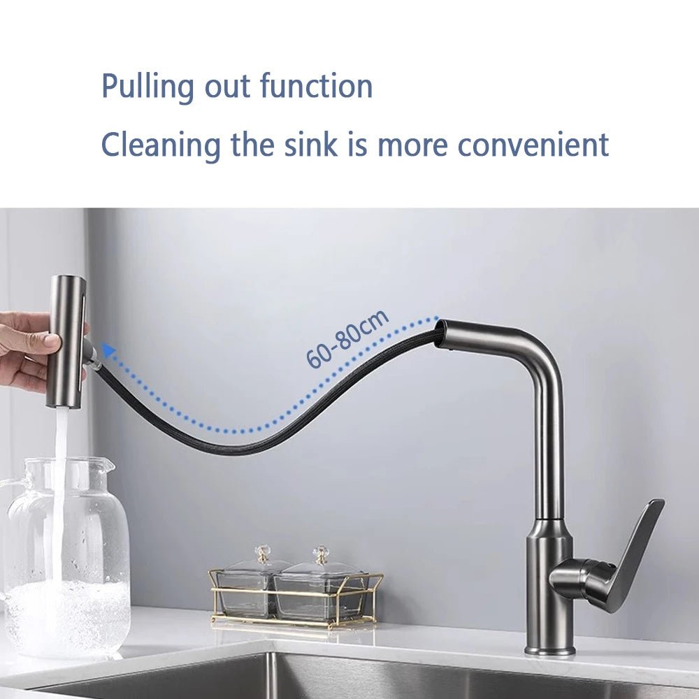 4 Modes Waterfall Kitchen Faucet Pull out Stream Sprayer Stainless Steel Hot Cold Single Hole 360 ° Rotation - Jaazi Intl