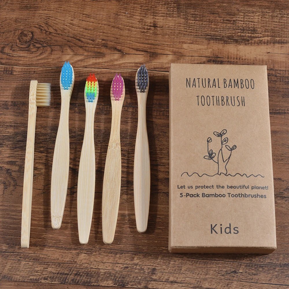 5 Piece kids Bamboo Toothbrush Soft Bristles Eco Plastic-Free Toothbrushes Oral Care Bamboo Tooth Brush Eco Handle - Jaazi Intl