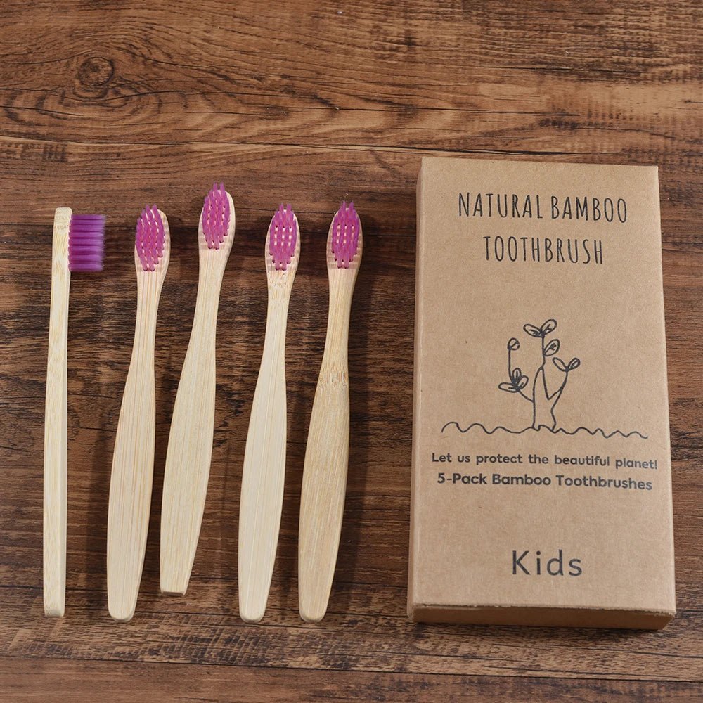 5 Piece kids Bamboo Toothbrush Soft Bristles Eco Plastic-Free Toothbrushes Oral Care Bamboo Tooth Brush Eco Handle - Jaazi Intl