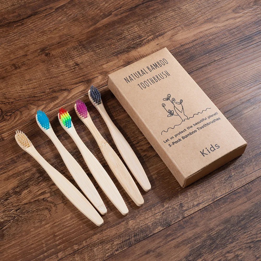 5 Piece kids Bamboo Toothbrush Soft Bristles Eco Plastic-Free Toothbrushes Oral Care Bamboo Tooth Brush Eco Handle - Jaazi Intl