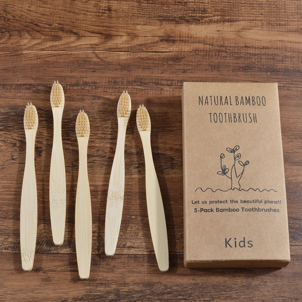 5 Piece kids Bamboo Toothbrush Soft Bristles Eco Plastic-Free Toothbrushes Oral Care Bamboo Tooth Brush Eco Handle - Jaazi Intl