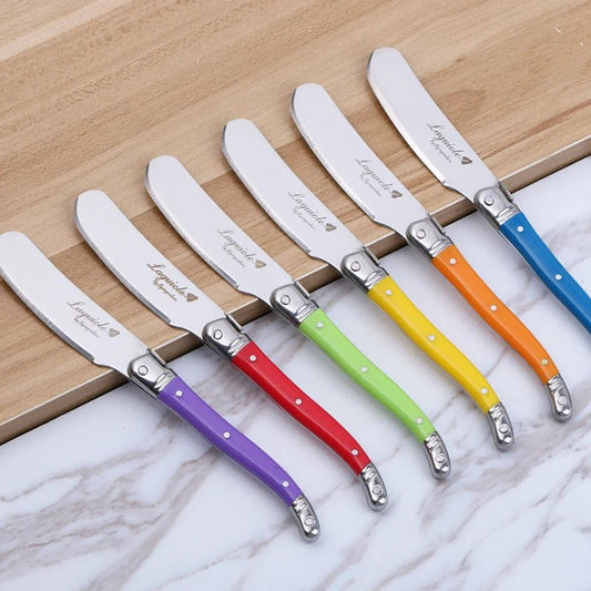 6pcs Laguiole Butter Knife Cheese Spreader Spatula Rainbow Plastic Handle Cheese Sandwich Slicer Stainless Steel Kitchen Utensil - Jaazi Intl