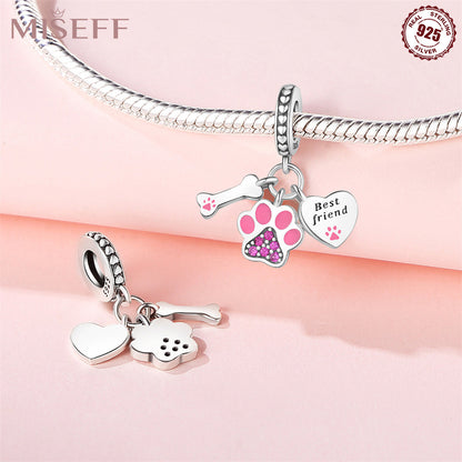 Missif Original 925 Sterling Silver Cute Cat And Dog Bone Paw Print Pendant DIY Bracelet Jewelry Accessories Pendant For Women