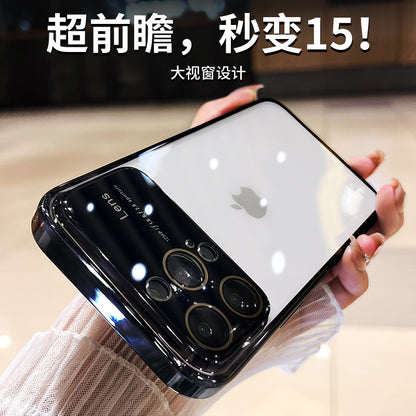 IPhone15 Large Window Glass Lens PC Electroplated Mobile Phone Case Apple 13pro Dustproof Net I14 Hard Case