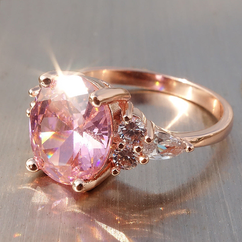 Oval Pink Diamond Ring Pink Crystal Egg-shaped Zircon Platinum-plated Rose Gold