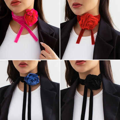 Collier de fleurs en velours pour femmes, plante à grande fleur rouge 