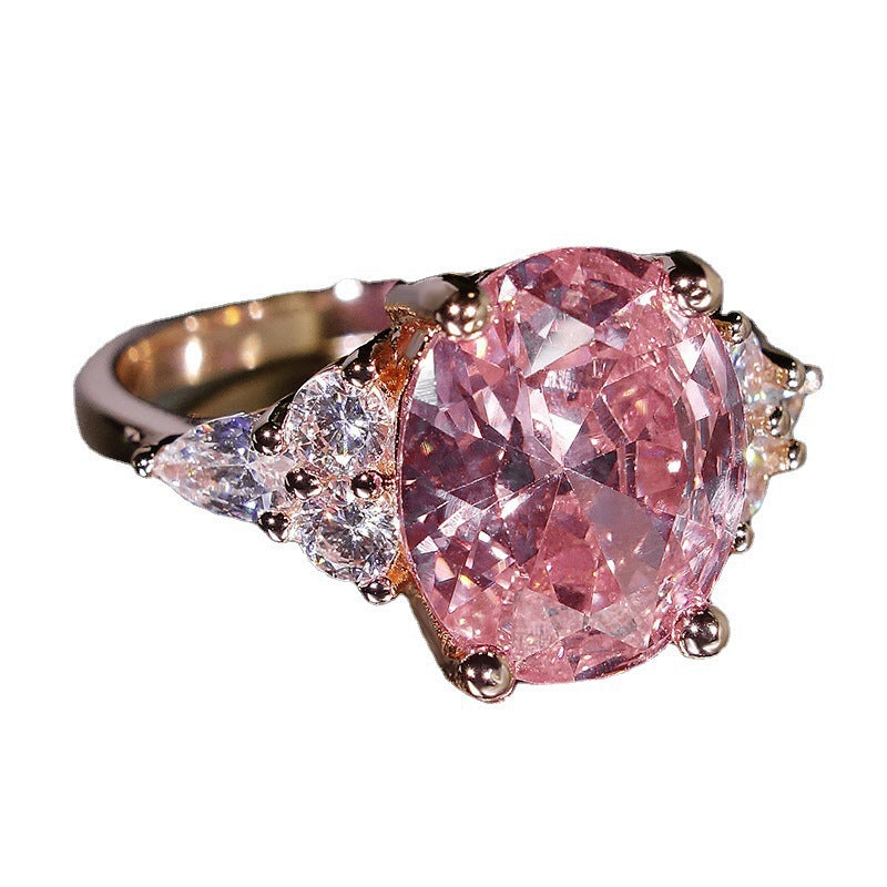 Oval Pink Diamond Ring Pink Crystal Egg-shaped Zircon Platinum-plated Rose Gold