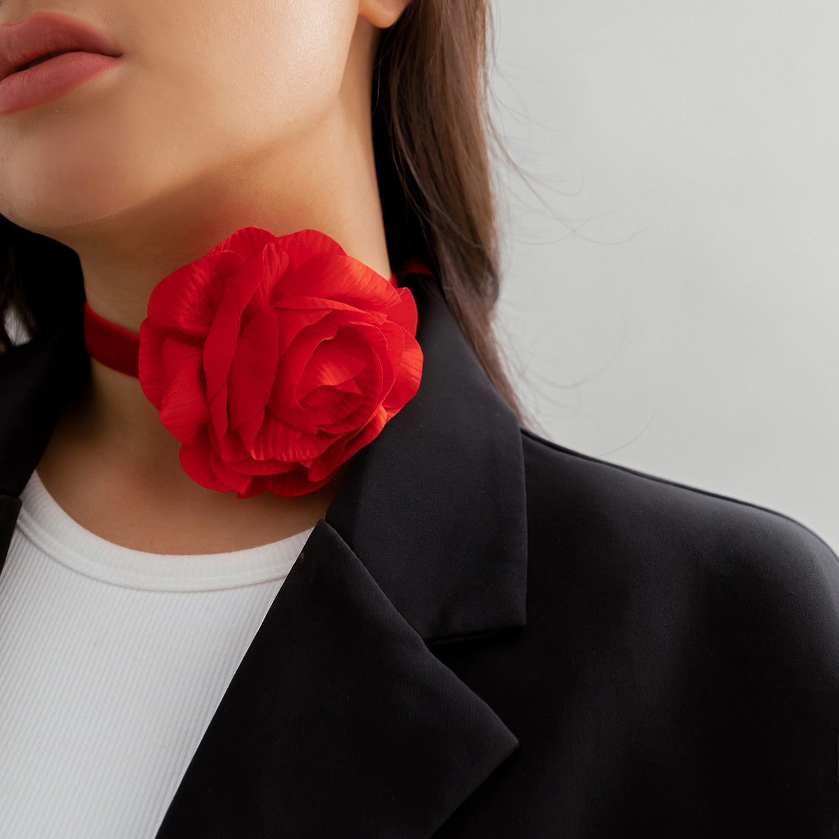 Collier de fleurs en velours pour femmes, plante à grande fleur rouge 