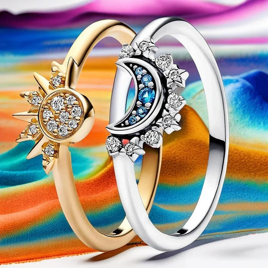 Sommer Celestial Blue Sparkling Moon Sun Ring für Frauen Cocktail Stapelbares Fingerband Mode Silber 925 Feiner Schmuck Kristall