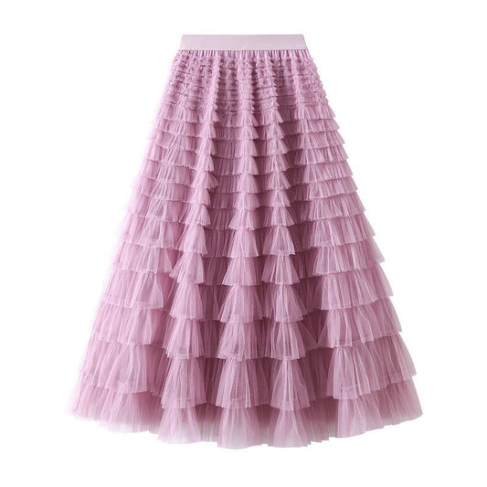 A-Line Mesh Ruffle Skirt Women's Temperament Sweet Long Skirt Slim Cupcake Dress Womens Clothing - Jaazi Intl