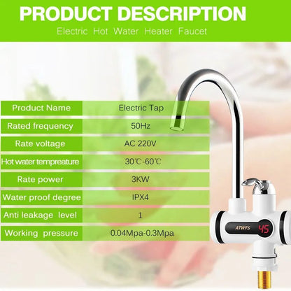 ATWFS Electric Kitchen Water Heater Tap Instant Hot Water Faucet Heater Cold Heating Faucet Tankless Instantaneous Water Heater - Jaazi Intl