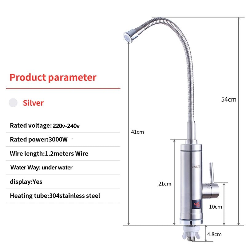 ATWFS Stainless Steel Instant Hot Faucet Instantaneous Water Heater Kitchen Hot Tap Tankless Heaters 220v 3000w Digital Display - Jaazi Intl