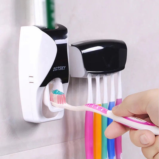 Automatic Toothpaste Dispenser 5pcs Toothbrush Holder Squeezer Bathroom Shelves Bath Accessories Tooth Brush Holder Wall Mount - Jaazi Intl