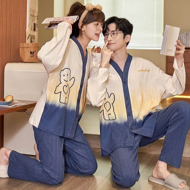 Autumn Couple Pijamas Set For Men Women Cotton Kimono Homewear Man Pjs Female Pijamas Suit Pyjamas Home Clothes Drop Ship - Jaazi Intl