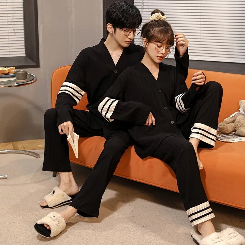 Autumn Couple Pijamas Set For Men Women Cotton Kimono Homewear Man Pjs Female Pijamas Suit Pyjamas Home Clothes Drop Ship - Jaazi Intl