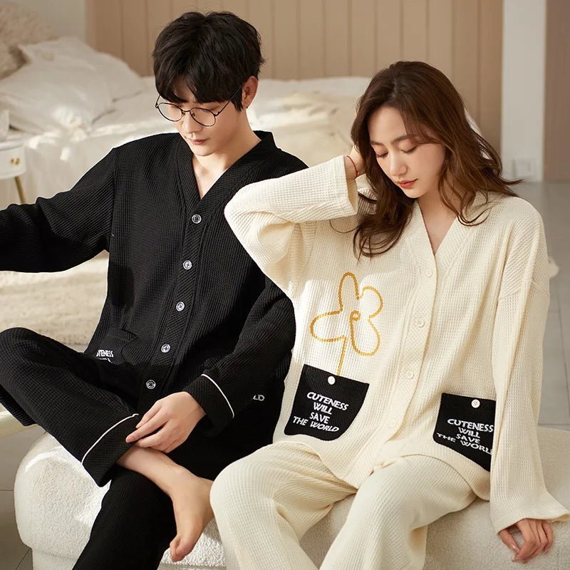 Autumn Couple Pijamas Set For Men Women Cotton Kimono Homewear Man Pjs Female Pijamas Suit Pyjamas Home Clothes Drop Ship - Jaazi Intl